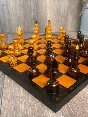Hand-Painted Wooden Chess Set in Yellow and Brown